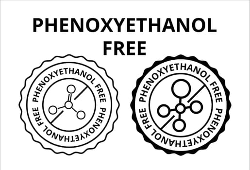 Phenoxyethanol free. Used cosmetic ingredient and preservative. Inhibits microbial growth, and extends shelf life. Vector logo icon illustration.