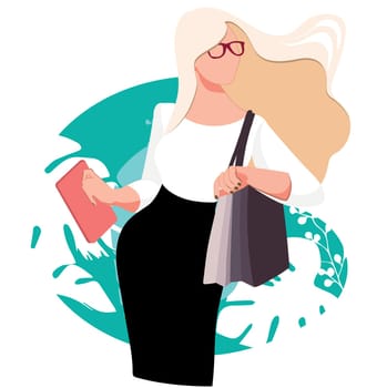 Shopping, sales, fashion, purchase concept. Woman cartoon characters illustrations in boutique with heap of various colourful shopping bags after successful shopping. Vector illustration