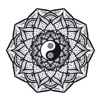 Vintage Yin and Yang in Mandala. Tao symbol for print, tattoo, coloring book,fabric, t-shirt, yoga, henna, cloth in boho style. Mehndi, occult and tribal, esoteric and alchemy sign. Vector