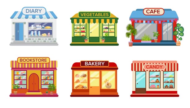 Shop and cafe exterior set. Vector illustrations of commercial buildings on city street. Cartoon bookstore, vegetable market, dairy and candy store, bakery isolated on white. Local business concept