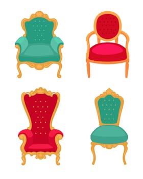 Royal throne vector illustrations set. Antique medieval chairs for kings and queens isolated on white background. Fairytale, monarchy, royalty, furniture concept for game or interior design