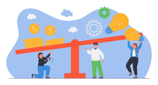 Tiny people measuring money and light bulbs on scales. Characters comparing financial profit and innovation, looking for target, evaluating value of idea flat vector illustration. Research concept