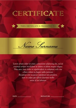 Vertical red and gold certificate and diploma template with vintage, floral, filigree and cute pattern for winner for achievement. Blank of award coupon. Vector