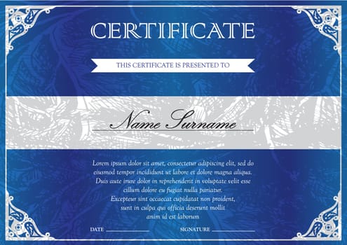 Horizontal blue certificate and diploma template with vintage, floral, filigree and cute pattern for winner for achievement. Blank of award coupon. Vector