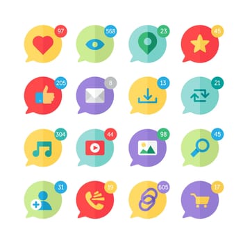 Web Icons for blog and social networks, online shopping and email, files of video, images and photos. Elements for count of views, likes and reposts. Vector