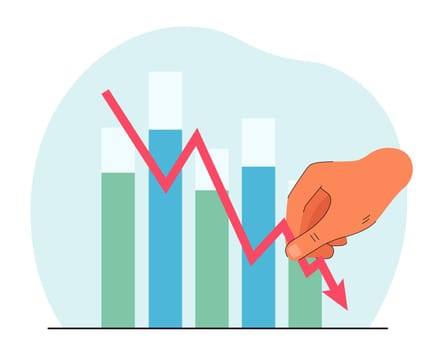 Hand holding lowing arrow in background of bar charts. Reduced income flat vector illustration. Reduction, recession concept for banner, website design or landing web page