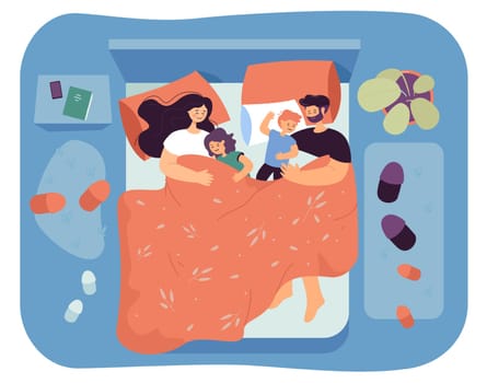 Happy family lying asleep on bed together. Sleeping mom and dad hugging children at night, man and woman taking nap with kids flat vector illustration. Family, love concept for banner, website design