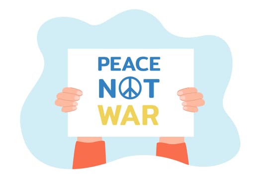 Hands of activist holding banner with peace nor war text. Protest of person on demonstration or picket flat vector illustration. Activism concept for banner, website design or landing web page