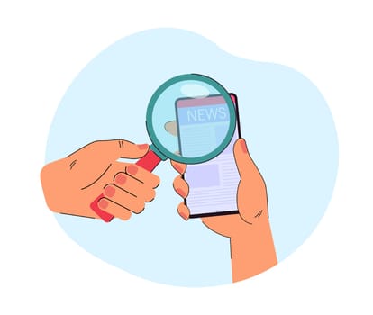 Person watching through magnifying glass on daily news feed. Hands holding mobile phone and lens flat vector illustration. Announcement, event concept for banner, website design or landing web page