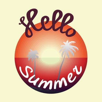 Vintage concept of sunset in tropical beach for sticker, poster, t-shirt, print. Lettering of Hello summer. Vector