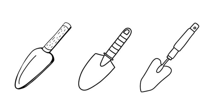 Collection of Garden shovels isolated on a white background.Shovel for earthworks. a tool for digging and transplanting plants.Vector illustration in Doodle style. Gardening