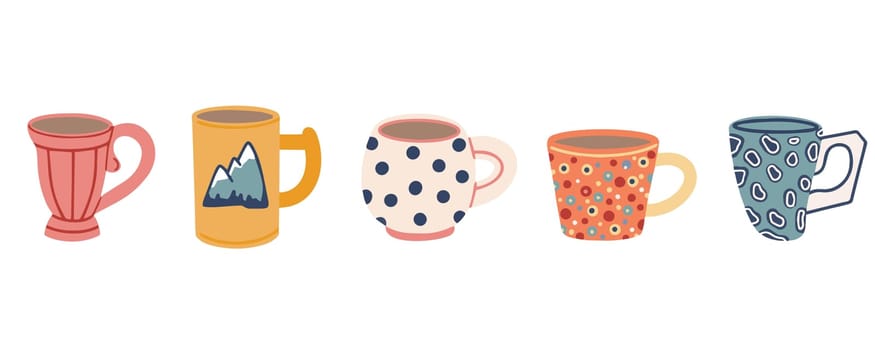 Collection of cups isolated on a white background. Vector illustration in Doodle style.