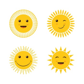 The sun. A set of smiling yellow suns. Icon. Joy, happiness, fun. Cartoon children s vector image isolated on a white background