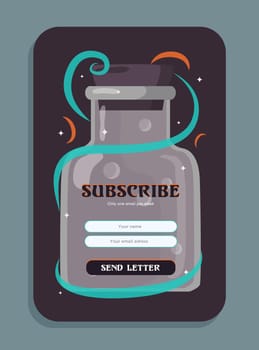 Potion newsletter design. Bottle with witchcraft drink vector illustrations with send letter button, boxes for name and email address. Witchery and Halloween concept for subscription letter design