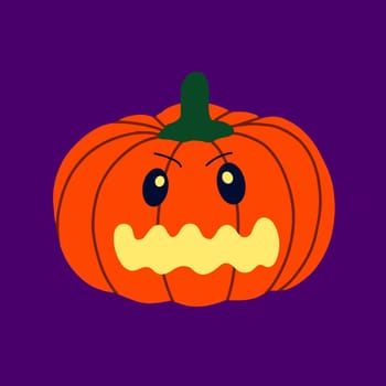 The evil pumpkin. Symbol of the Halloween holiday. Orange pumpkin with a smile for your design for the Halloween holiday. Vector flat illustration. Postre,flyer