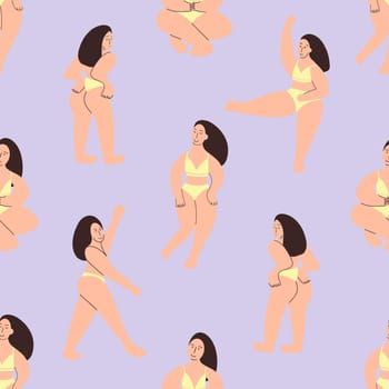 Bodypositive girls seamless pattern. A curvy model shows off her body. Vector illustration