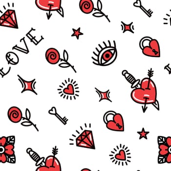 Old School Style Pattern for Valentine's Day. Background with love symbols