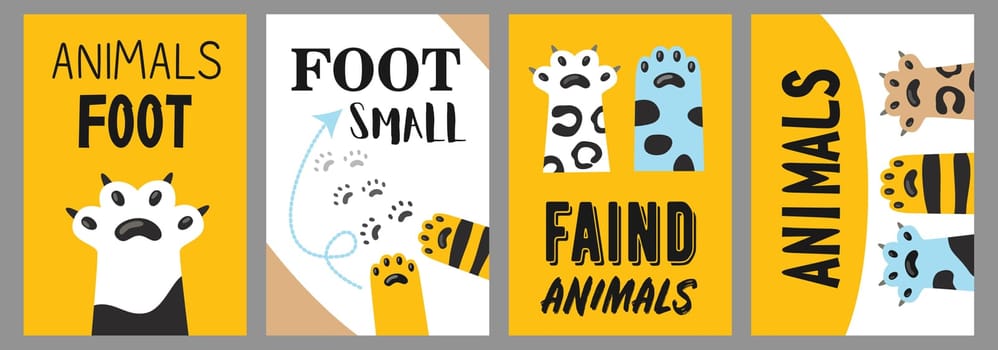 Animals foot posters set. Cat paws and claws vector illustrations with text on white and yellow background. Veterinary, pet shop, shelter concept for flyers and brochures design