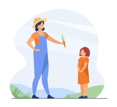 Farmer mom and kid. Mother giving fresh vegetable to child outdoors. Flat vector illustration. Organic food, healthy nutrition, farming, family concept for banner, website design or landing web page
