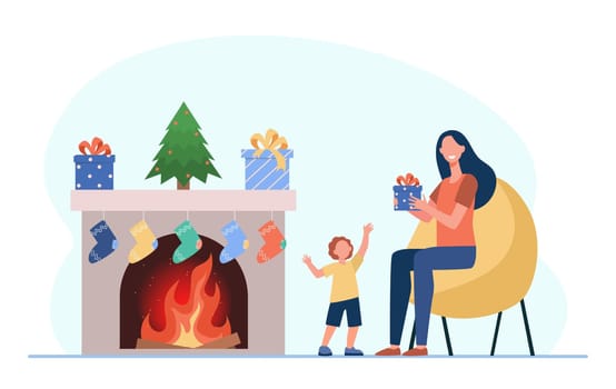 Kid and mom celebrating Christmas. Mother giving gift to boy at fireplace. Flat vector illustration. Xmas party, festive event, family concept for banner, website design or landing web page