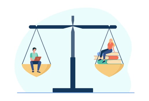 Online and offline learning comparison. Students with laptop or stack of books on balance scale. Flat vector illustration. Education concept for banner, website design or landing web page