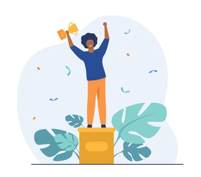 Smart guy getting award. Winner standing on pedestal, holding golden cup. Flat vector illustration. Winning, success, achievement concept for banner, website design or landing web page