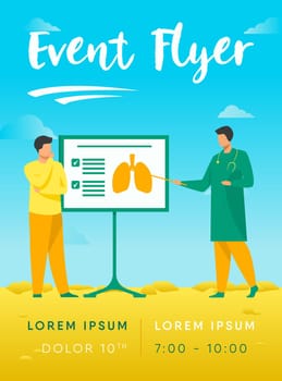 Doctor telling about lungs to patient. Lecture, disease, respiration flat vector illustration. Medicine and healthcare concept for banner, website design or landing web page