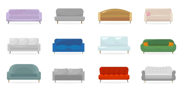 Contemporary couches collection. Trendy sofas for living room, divans for modern lounges, offices, apartment interior. Vector illustrations for upholstery, housing, furniture production concept