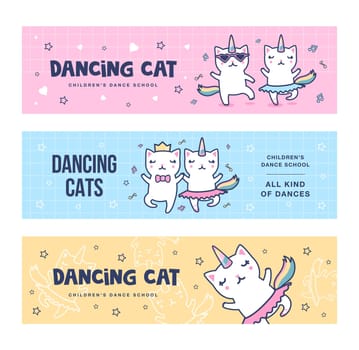 Dancing unicorn cats banners set. Cute baby caticorns with rainbow tails having fun vector illustrations with text. Magic kitty concept for party flyers and invitation cards design