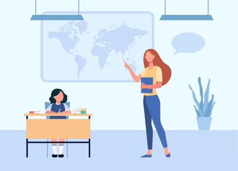 School teacher explaining geography lesson to pupil. Tutor showing world map to student kid. Flat vector illustration. Education, studying concept for banner, website design or landing web page