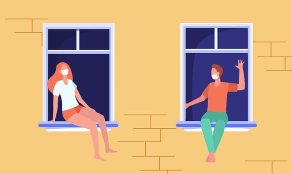 Neighbors in masks sitting separately on windowsills and chatting. Outdoor building wall and windows view. Flat vector illustration. Stay home concept for banner, website design or landing web page