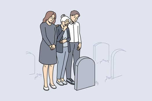 Unhappy family in black clothes crying at relative grave on cemetery. Upset desperate people mourn yearn at tomb after deceased person. Burial. Vector illustration.