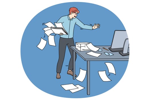 Clumsy employee collect scattered paperwork in office. Awkward tired male worker manage paper documents at workplace. Mess and chaos at work. Flat vector illustration.