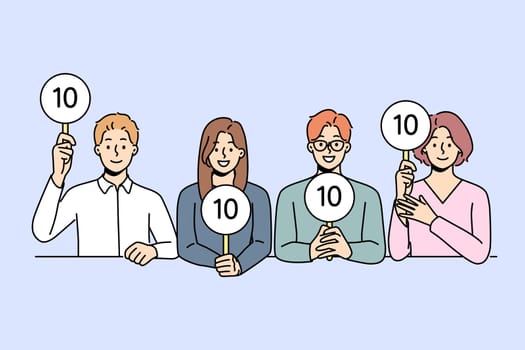 Diverse people sit at desk giving points to contestants. Smiling judges evaluate performance or competition. Vector illustration.