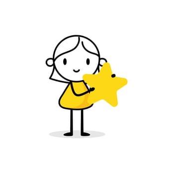 Comic woman character holds a star in her hands. Customer reviews, feedback, evaluation, rate the service concept. Vector stock illustration.