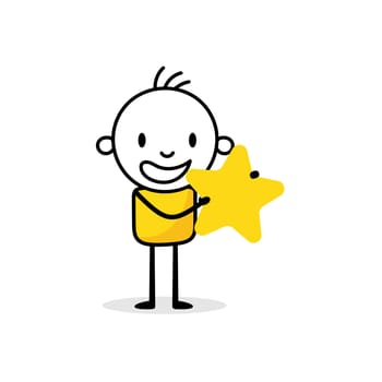 Comic man character holds a star in his hands. Customer reviews, feedback, evaluation, rate the service concept. Vector stock illustration.