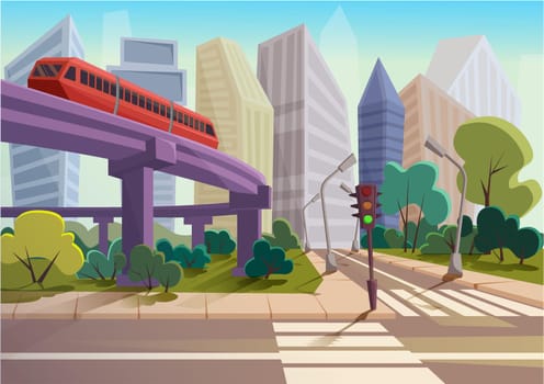 Vector Cartoon modern city panorama with glass skyscrapers and high way subway cityscape background