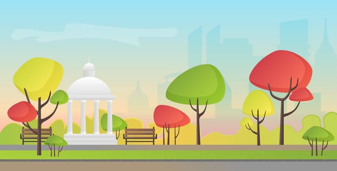 Vector illustration of a beautiful autumn city park with town building background. Evening in the park.