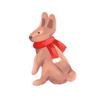 Cute cute rabbit with long ears dressed in a scarf on a white background. Vector illustration