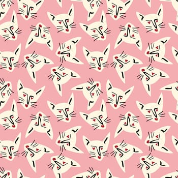 Pattern with kitty with a lovely face. Freaky comic cat face. Bizarre Valentine's Day pattern in modern cartoon style