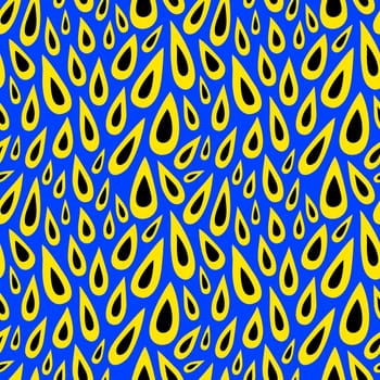 Seamless pattern with yellow-black drops on a blue background. Abstract pattern with drops of various shapes. Vector flat illustration
