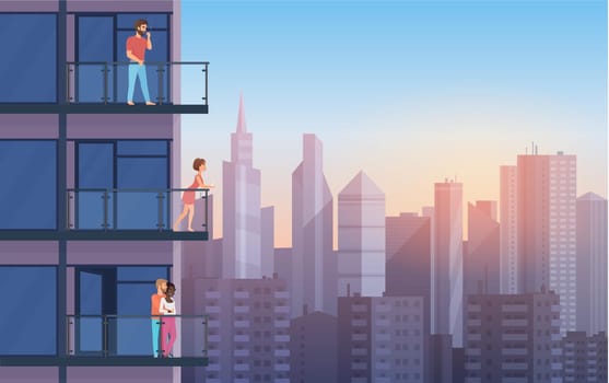 Apartment Balcony in modern house with resting people in sunset. Urban sityscape skyscrapers background cartoon vector illustration