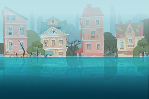 Damaged by natural disaster flood houses and trees partially submerged in the water in cartoon city concept. Storm city landscape vector illustration