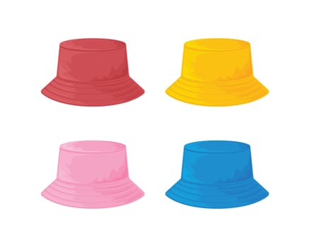 Panama hat. Summer headdress in blue, yellow and pink and red tones. Beach fashion for men, women and children. Vector illustration isolated on a white background. Protection from the sun