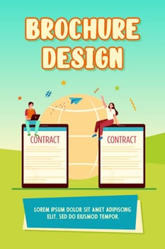 Business partners signing contract online. World, globe, digital devices flat vector illustration. Worldwide business, communication concept for banner, website design or landing web page