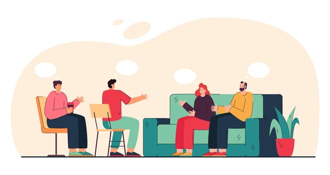 Group therapy for people with addiction. Patients counseling psychologist, emotional support flat vector illustration. Mental health, addiction concept for banner, website design or landing web page