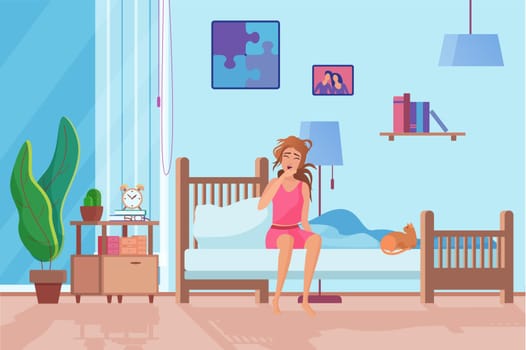 Exhausted woman in morning flat vector illustration. Tired gilr waking up, sitting on bed. Sad, depressed female cartoon character. Unhappy woman, red cat in room. Lady bedroom interior design