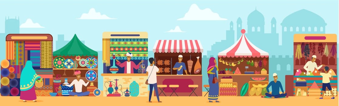 Asian street market flat vector illustration. People shopping at local marketplace. Cartoon vendors selling fresh food and home interior items. Sellers at counters. Indian city temples background
