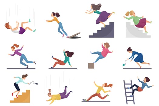 Set of cartoon vector injuring female woman falling down the stairs and over the edge, ladder, drop from the altitude, wet floor falling, stumbling on the sewer hall, tripping on stairs isolated