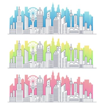 Modern line art of modern big city cityscape panorama with gradient color skyscrapers vector illustration
